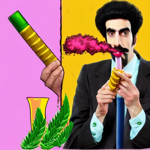 Image similar to Sacha Baron Cohen as borat smoking a giant rolled cannabis cigarette, caricature, smoke, amazing detail, digital art, artstation