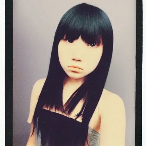 Image similar to aesthetic upper body polaroid photograph of emo japanese girl, long hair and fringe