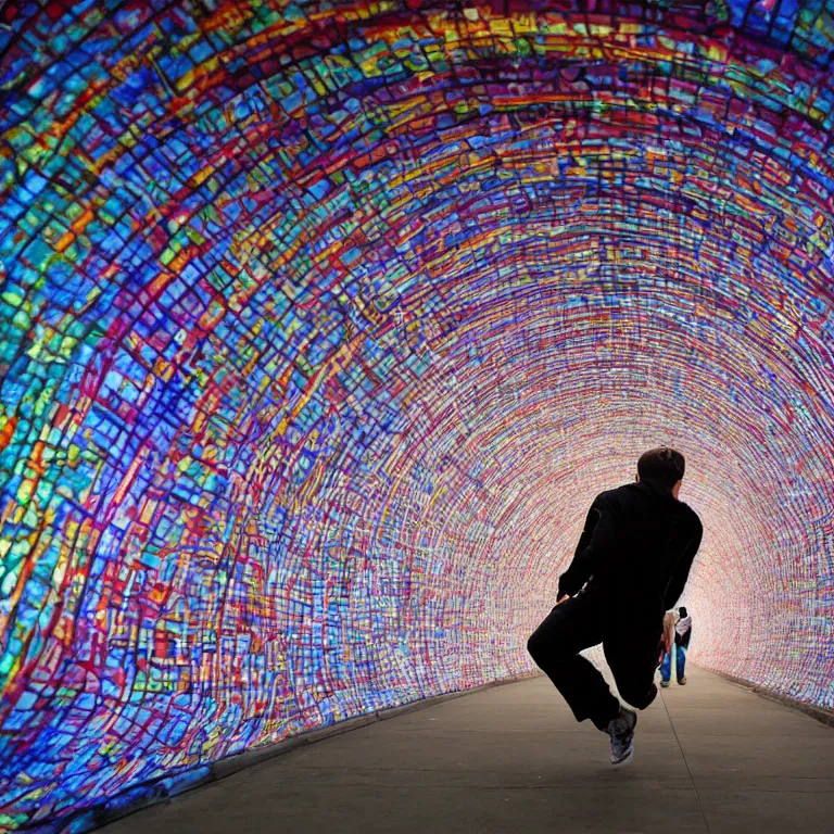 Image similar to terrified young man in a straightjacket running toward you in the Bund Sightseeing Tunnel, Shanghai, China by Alex Grey and Jeffrey Smith