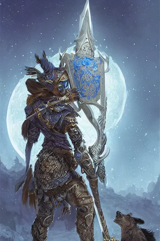 Image similar to Fantasy Paladin holding a tower shield and a spear, wearing an intricate azure full plated armor, Wolf companion by their side, moonlit, HD, illustration, epic, D&D, fantasy, intricate, elegant, highly detailed, digital painting, artstation, concept art, smooth, sharp focus, illustration, art by artgerm and greg rutkowski and alphonse mucha