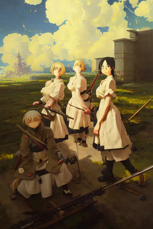 Image similar to baroque oil painting of key visual portrait concept art of anime maids entrenched in the great war, brutalist, dark fantasy, rule of thirds golden ratio, fake detail, trending pixiv fanbox, acrylic palette knife, style of makoto shinkai studio ghibli genshin impact jamie wyeth james gilleard greg rutkowski chiho aoshima