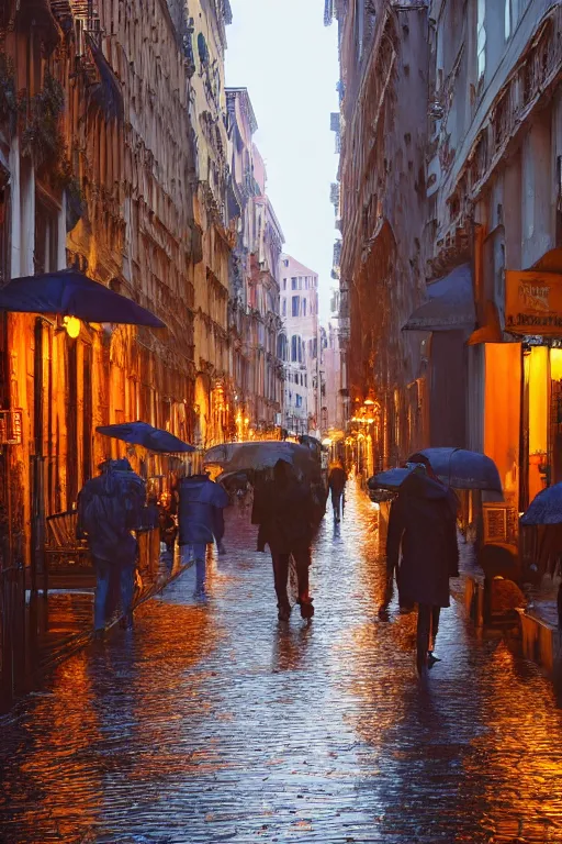 Image similar to crowd of people walking on rainy street at dusk golden hour , hyper-realistic environment, new york , venice