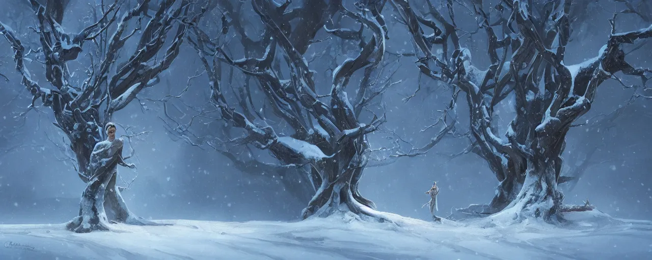 Image similar to a painting of a person standing in front of a tree in the snow, stunning intricate concept art by contest winner, cgsociety, fantasy art, matte painting, storybook illustration