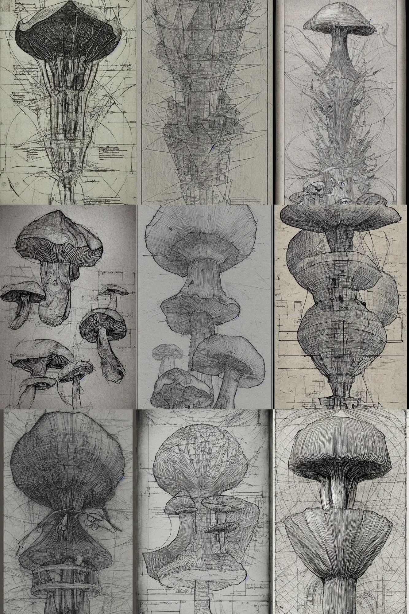 Prompt: leonardo da vinci intricate full page scan blueprint of concept art dark mushroom, with tourist decks on grey paper sketch ink style with dark background,ultra-detailed technical precision, mixed media with white and silver lines, realistic composition, point of interest at golden ratio, light from right, more darkness on the bottom, high quality of sketching with subtle hairlines, highly detailed rounded forms, inside out and outside in, octane render