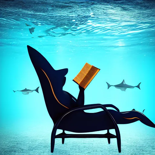 Image similar to a shark sitting in a chair reading a book underwater realistic hdr 8 k 3 5 mm