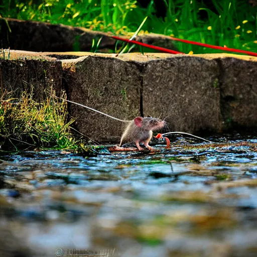 Prompt: 35mm photo of a rat fishing at a riverbank, water, well lit, bright and fun colors