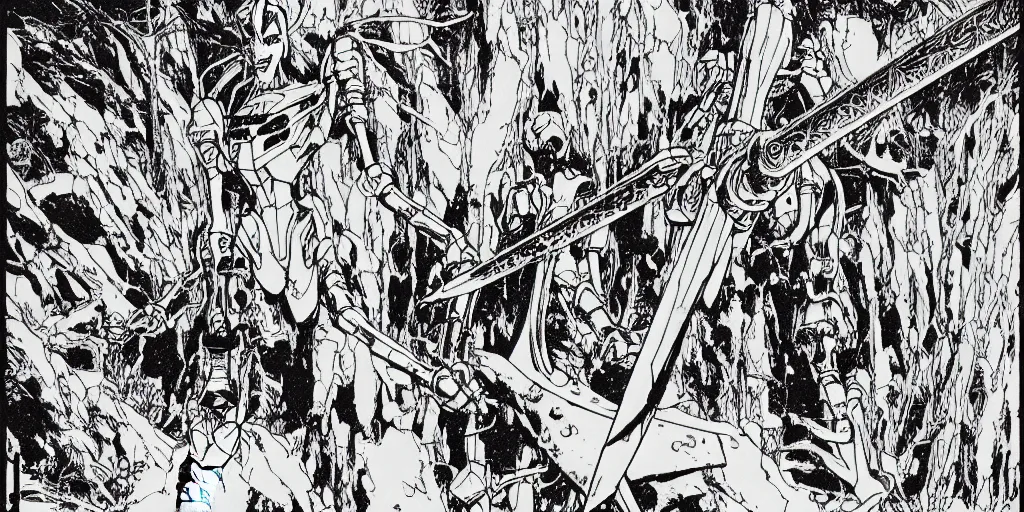 Prompt: grainy risograph, huge floating sword against evangelion - like huge robot machine with three heads, close - up, omnious, matte colors, in the dense forest, highly detailed, artstation, intricate - detailed, by moebius, jack gaughan, lehr paul, sci - fi 1 9 8 0 and manga 2 0 0 0