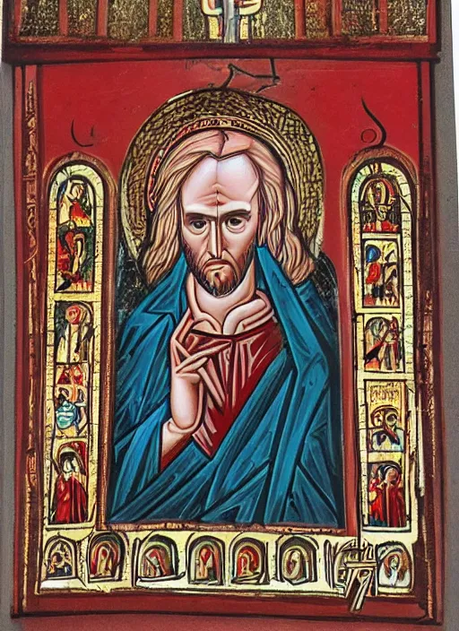 Image similar to mavrodi mmm with red book, infernal icon, art in church style