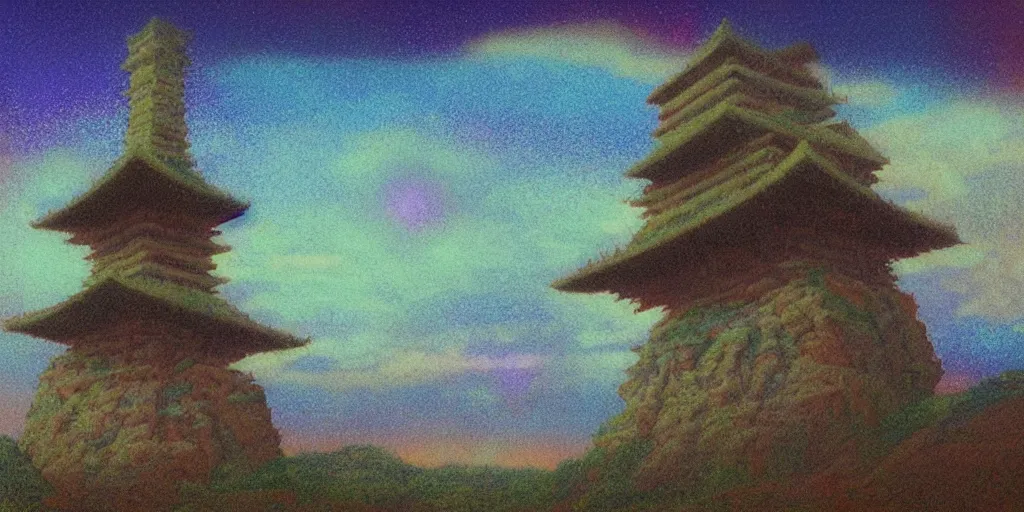 Image similar to “ a landscape pastel in the style of noriyoshi ohrai of an ancient holy tower, it has iridescent mana radiating from it. it is centered. the background is the sky at night. retrofuturistic fantasy ”