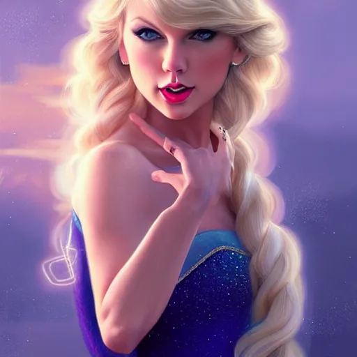 Prompt: Taylor Swift with blonde hair as Elsa from Frozen, western, D&D, fantasy, intricate, elegant, highly detailed, digital painting, artstation, concept art, matte, sharp focus, illustration, art by Artgerm and Greg Rutkowski and Alphonse Mucha