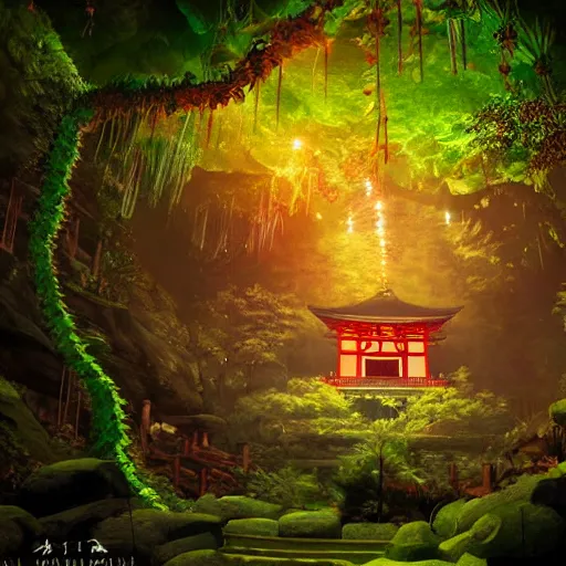 Prompt: japanese temple in lush cave with glowing emeralds and vines hanging from the ceiling, sharp focus, cinematic light, artgerm, cgsociety, desaturated, highly detailed