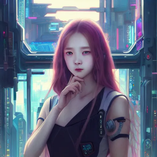 Image similar to painting of cyberpunk chuu loona kpop smiling cheerfully and fixing her black katana, ultra realistic, concept art, intricate details, eerie, highly detailed, photorealistic, octane render, 8 k, unreal engine. art by artgerm and greg rutkowski and magali villeneuve and alphonse mucha