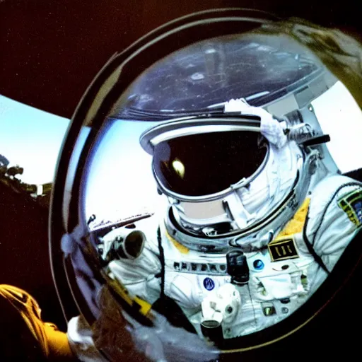 Image similar to extremely detailed photo of carl sagan looking through visor of spacesuit, mars rover in background