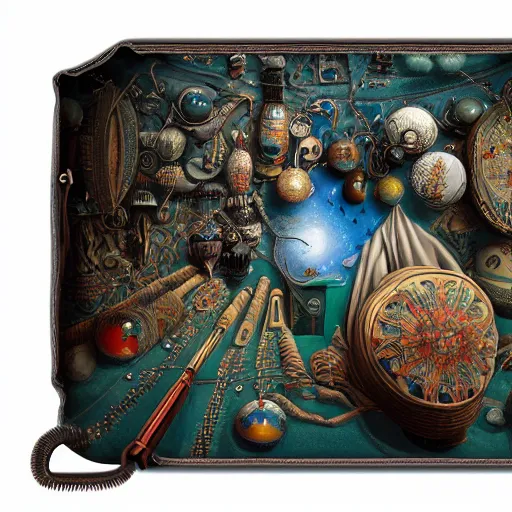 Prompt: universe inside ampoules and alambics in a surreal ancient doctor's bag, intricated detailed, soft painting, depth of field, trending on artstation