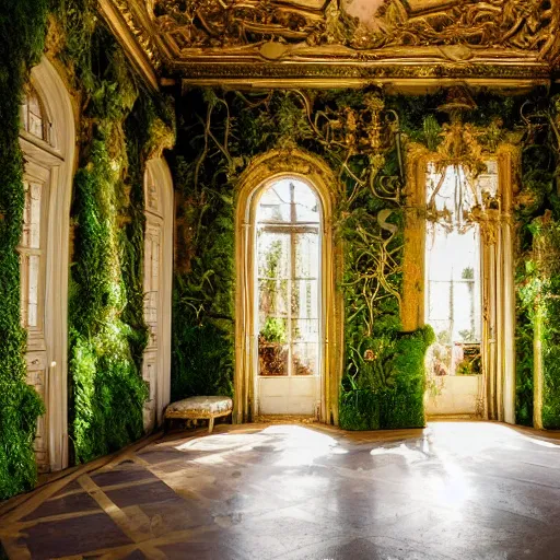 Prompt: a dream about opulent, ornate, abandoned overgrown Palace of Versailles, lush plants growing through the floors and walls, walls are covered with moss and vines, beautiful, dusty, golden volumetric light shines through giant broken windows, golden rays fill the space with warmth, rich with epic details, dreamy atmosphere and drama