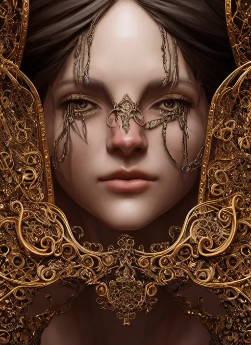 Image similar to a portrait of female in wearable sculpture art, ornate, metal works, intricate details, elegant, highly detailed, digital photography, artstation, glamor pose, concept art, smooth, sharp focus, art by artgerm and greg rutkowski, 3 d character, full body, film, photorealistic, unreal engine