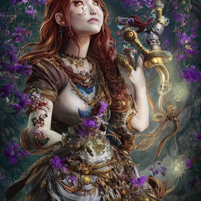 Image similar to the portrait of chaotic good female druid alchemist as absurdly beautiful, gorgeous, elegant, young gravure idol, an ultrafine hyperdetailed illustration by kim jung gi, irakli nadar, intricate linework, sharp focus, bright colors, octopath traveler, final fantasy, unreal engine 5 highly rendered, global illumination, radiant light, detailed and intricate environment