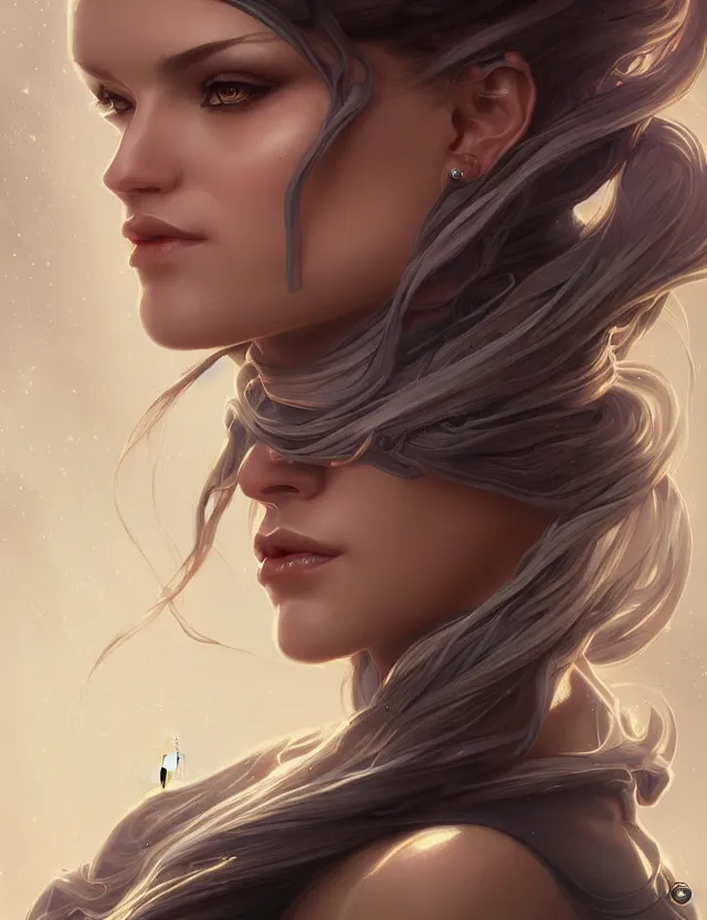 Image similar to futuristic woman portrait, sci-fi, amber eyes, face, long hair, fantasy, intricate, elegant, highly detailed, digital painting, artstation, concept art, smooth, sharp focus, illustration, art by artgerm and greg rutkowski and alphonse mucha