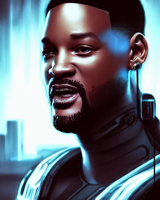 Prompt: a full length portrait of cyberpunk will smith, grim - lighting, high - contrast, intricate, elegant, highly detailed, digital painting, artstation, concept art, smooth, sharp focus, illustration