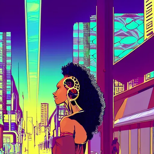 Prompt: afrofuturist woman walking down the busy street wearing gold jewelry, simple, cyberpunk, far shot, retro comic art style