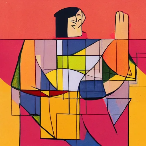 Prompt: fat woman dancing, beautiful sunset, cubism, red, yellow, orange, muted colors, texture