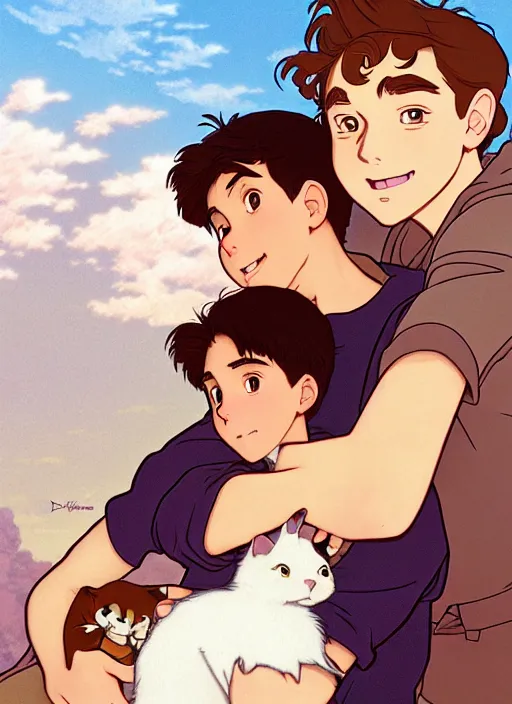 Prompt: teen boy with brown hair and brown eyes, hugging a fluffy white cat, natural lighting, path traced, highly detailed, high quality, cartoon, digital painting, by don bluth and ross tran and studio ghibli and alphonse mucha