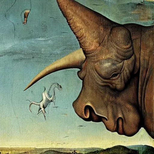 Prompt: Stunning painting of a triceratops by Hieronymus Bosch, high detail