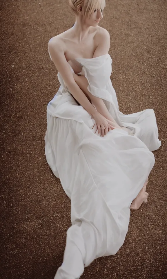 Image similar to photo of gorgeous seductive tall emily skinner cosplaying annie leonhart wearing elegant white dress, wearing open toe heels, in a white room, beautiful face, pale skin, rule of thirds, cinematic lighting, sharp focus, backlit, stunning, smooth, hard focus, full body shot, studio photo, shot on sony a 7 iii