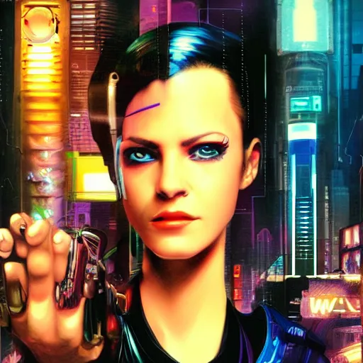 Prompt: Cyberpunk woman with eye implants, portrait shot, illustration, poster art by Drew Struzan