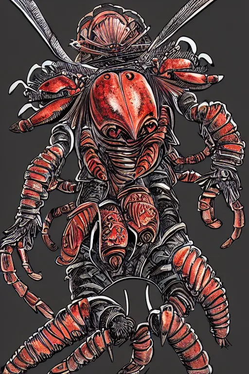 Prompt: human warrior, lobster themed armour, hermit crab, symmetrical, highly detailed, digital art, needles, sharp focus, trending on art station, kentaro miura manga art style