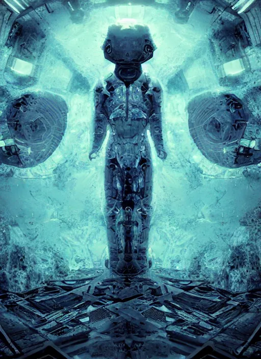 Prompt: symmetry concept art by craig mullins alien in futuristic dark and empty spaceship. infrared glowing lights. complex and hyperdetailed technical suit. mandelbulb fractal. reflection and dispersion materials. rays and dispersion of light. volumetric light. 5 0 mm, f / 3 2. noise film photo. flash photography. unreal engine 4, octane render. interstellar movie art
