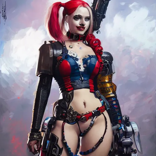 Prompt: a portrait of Harley Quinn in bikini armor, Warhammer 40000, cyberpunk, intricate, elegant, highly detailed, digital painting, trending on artstation, concept art, smooth, sharp focus, illustration, art by artgerm and greg rutkowski and alphonse mucha