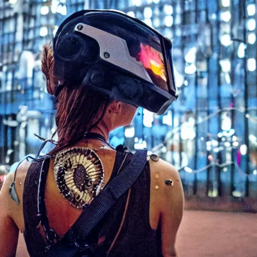 Image similar to gopro pov of a woman warrior wearing intricate scifi cyberpunk helmet
