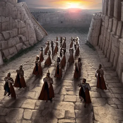 Image similar to Matte painting of a row of men in Biblical outfits marching in front of the walls of Jericho. People are standing on the walls looking down at them. sunrise, epic, cinematic lighting, detailed digital art trending in artstation