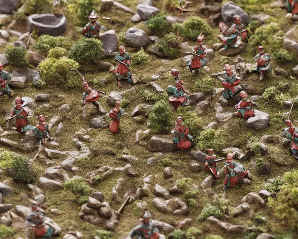 Image similar to close-up, hi-res photo of miniature tin soldiers navigating a zen garden.