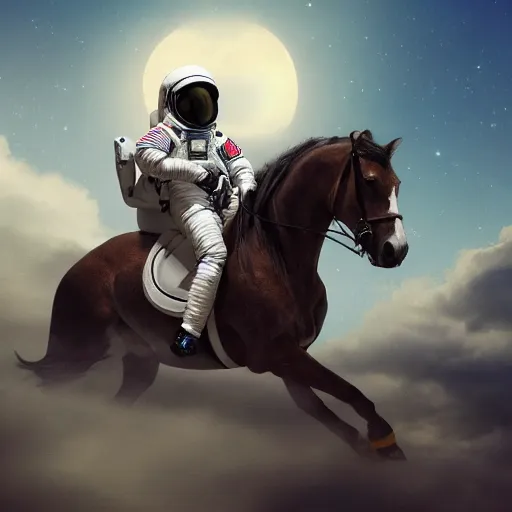 Prompt: a photo of an astronaut riding on a horse, ultra detailed, 8 k, trending on artstation, award - winning art,