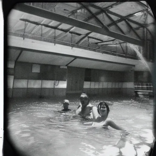 Image similar to abandoned indoor water park with strange creatures lurking, polaroid photo