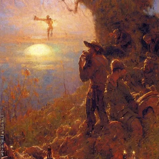 Image similar to Gaston Bussiere painting of tired and battered soldiers looking up and observing the first rays of sunlight during dawnbreak, dramatic painting, dark, scary, hopeful