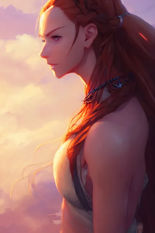 Image similar to long ginger hair, tanned woman in a prehistoric outfit, green eyes, fang necklace, by artgerm, hair tied in a ponytail, white backdrop, soft lighting, night scene, by greg rutkowski makoto shinkai takashi takeuchi