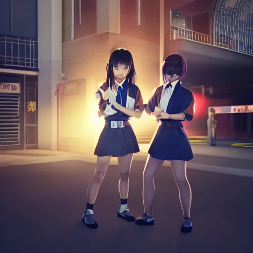 Prompt: two japanese schoolgirls fighting in the parking lot of a store at night, intricate details, complementary lighting, detailed face, backlighting, octane render, raytraced, depth of field, extremely detailed, trending in artstation, sharp focus, radiant light, beautiful composition, yihao ren, zochi, zero - hour, jean paul fiction