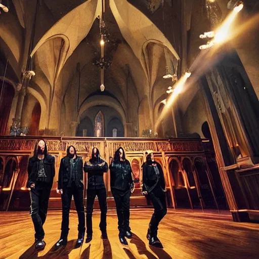 Prompt: Dream Theater playing a concert in a church with high ceilings under fire