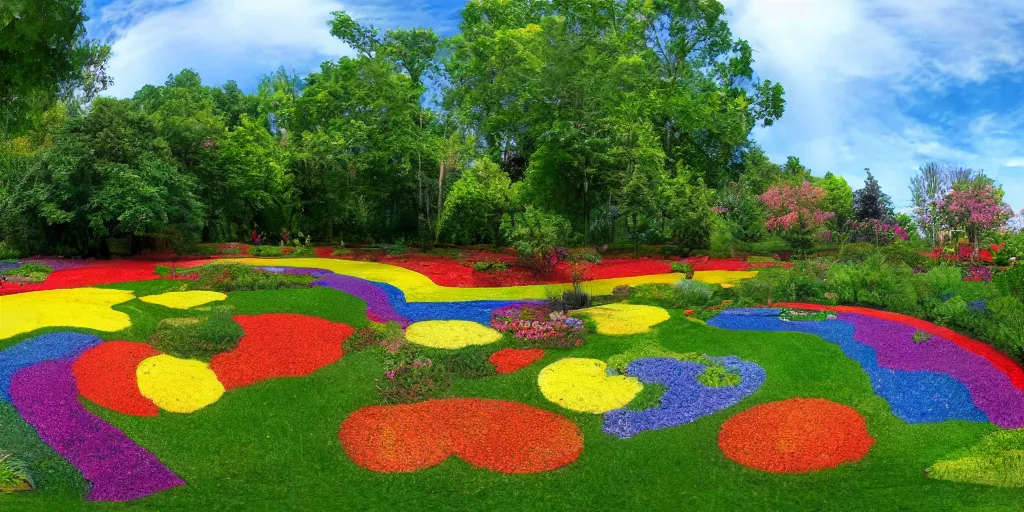 Image similar to equirectangular view of a rainbow garden