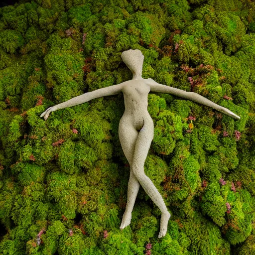 Prompt: a human figure made of moss and flowers