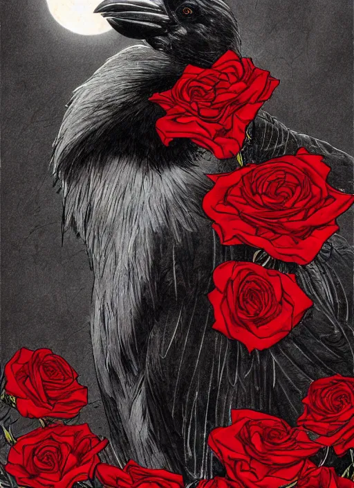 Image similar to portrait, A crow with red eyes in front of the full big moon, book cover, red roses, red white black colors, establishing shot, extremly high detail, foto realistic, cinematic lighting, pen and ink, intricate line drawings, by Yoshitaka Amano, Ruan Jia, Kentaro Miura, Artgerm, post processed, concept art, artstation, matte painting, style by eddie mendoza, raphael lacoste, alex ross