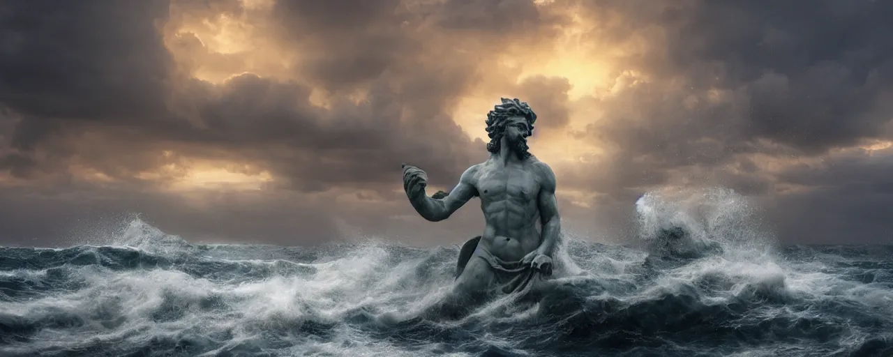 Image similar to a matte painting of a marble Poseidon statue emerging from a stormy sea at sunset, photo-realistic, very beautiful
