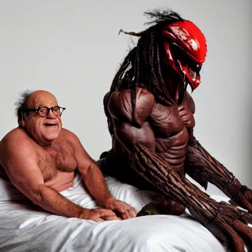 Image similar to Danny DeVito and The Predator on a bed playing with big wood, cinematic, studio light, 8K,