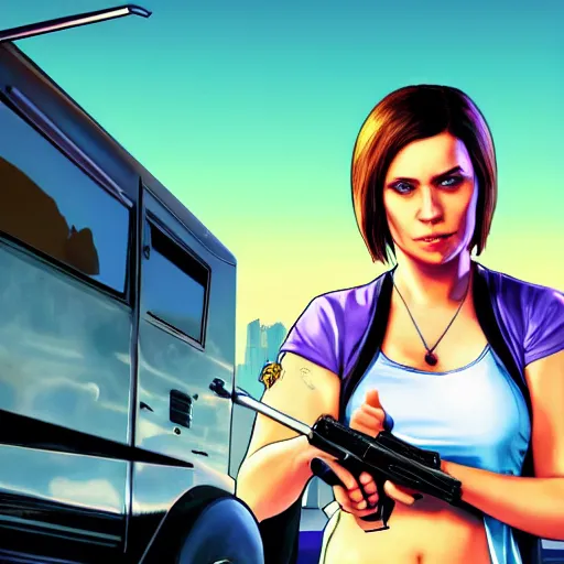 Image similar to Kyrsten Ritter as a GTA Five Loading Screen Art Cover, No text