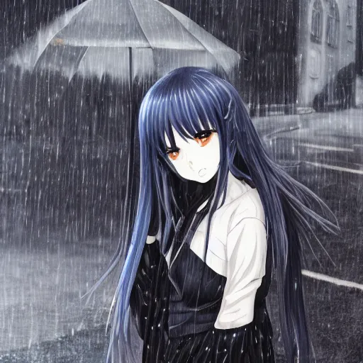 Image similar to 1 7 - year - old anime goth girl, black hair, long bob cut, long bangs, gothic coat, long bangs, united kingdom, rainy day, small town, midlands, english village, street scene, ultra - realistic, sharp details, cold lighting, blue and gray colors, intricate details, subsurface scattering, hd anime, 2 0 1 9 anime