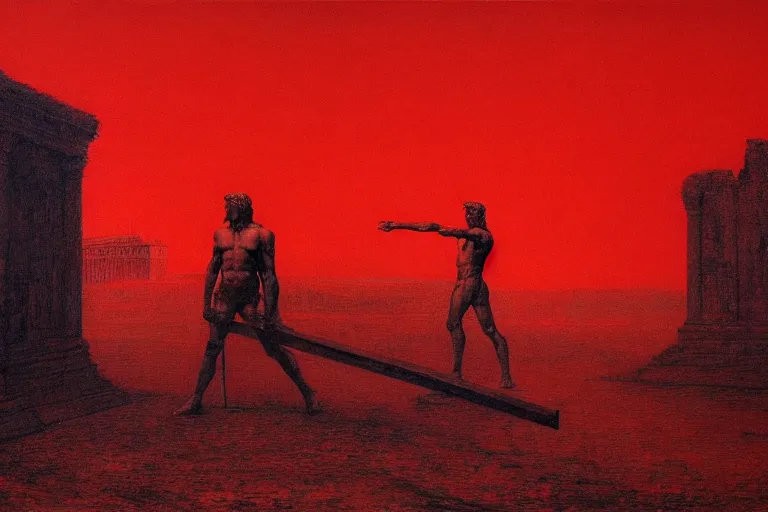 Image similar to only with red, caesar after war, a red tiger, in hoc signo vinces, rome in background, an ancient path, in the style of beksinski, part by hopper, part by rodcenko, part by hofbauer, intricate composition, red by caravaggio, insanely quality, highly detailed, masterpiece, red light, artstation