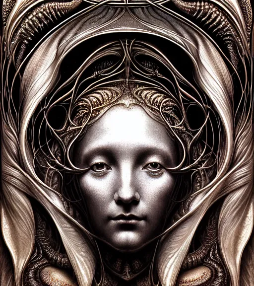 Prompt: detailed realistic beautiful metallic goddess face portrait by jean delville, gustave dore, iris van herpen and marco mazzoni, art forms of nature by ernst haeckel, art nouveau, symbolist, visionary, gothic, neo - gothic, pre - raphaelite, fractal lace, intricate alien botanicals, biodiversity, surreality, hyperdetailed ultrasharp octane render